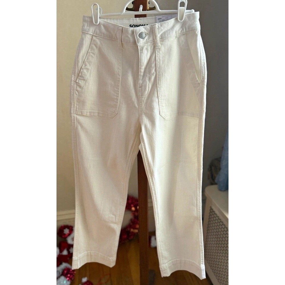 Sonoma Goods For Life Women's White Solid Straight Leg Pants Pockets Button 6R